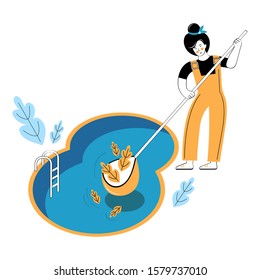 Swimming pool service worker with net cleaning water. Outdoor cleaning, swimming pool service, cleaning company concept. Woman removes leaves from the surface of the water. Vector illustration.