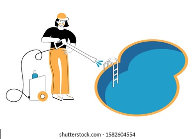 Swimming pool service worker with net cleaning water. Pool and outdoor cleaning, swimming pool service, outdoor cleaning company. Woman cleans the pool with vacuum cleaner. Vector illustration.