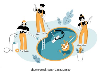 Swimming pool service worker with net cleaning water. Pool and outdoor cleaning, swimming pool service. Cleaning company. Cleaning service concept design for banners, infographic. Vector illustration