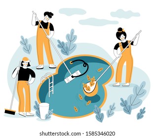 Swimming pool service worker with net cleaning water. Pool and outdoor cleaning, swimming pool service. Cleaning company. Cleaning service concept design for banners, infographic. Vector illustration