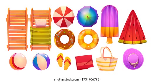 Swimming pool set with deck chairs, umbrellas, inflatable rubber rings and rafts. Vector cartoon accessories for summer rest, hat, bag, flip flops sandals, beach balls and towel isolated on white