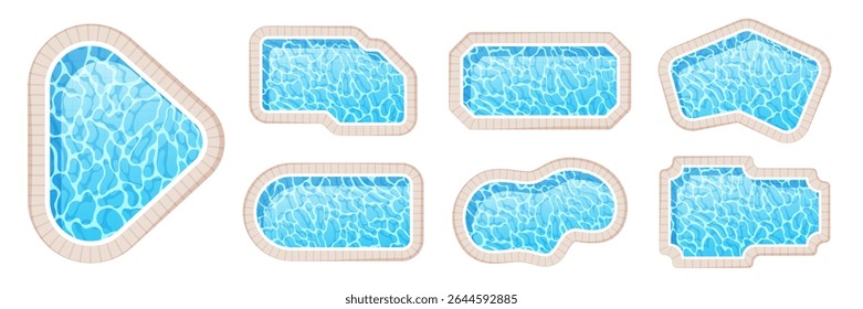 Swimming pool set. Top view poolside collection of different shape, form and size