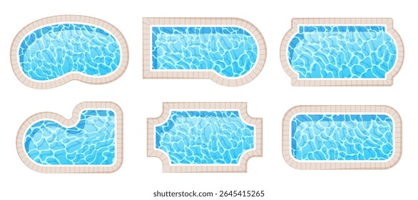 Swimming pool set. Top view poolside collection of different shape, form and size