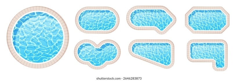 Swimming pool set. Top view poolside collection of different shape, form and size