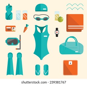 Swimming pool set. Water sport  set. Vector swimming pool elements. Vector fitness women set.