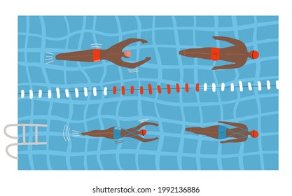 Swimming pool with several swimmers and life buoy in the water. Vector illustration about sport and recreation, healthy life style, fitness, energy, summer activities.