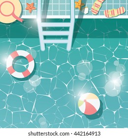 Swimming pool side, top view, summer time holiday vacation, clear water with beach items, vector illustration