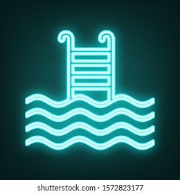 Swimming Pool sign. Cyan neon icon in the dark. Bluring. Luminescence. Illustration.