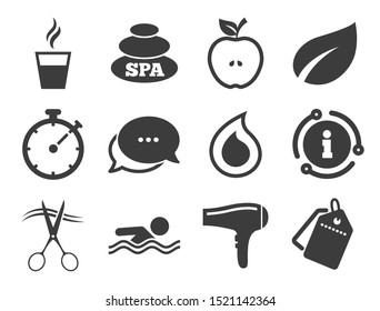 Swimming pool sign. Discount offer tag, chat, info icon. Spa, hairdressing icons. Water drop, scissors and hairdryer symbols. Classic style signs set. Vector