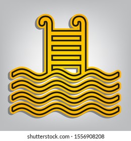 Swimming Pool sign. Flat orange icon with overlapping linear black icon with gray shadow at whitish background. Illustration.