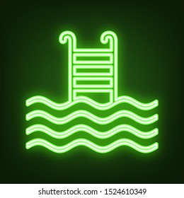 Swimming Pool Sign. Green Neon Icon In The Dark. Blurred Lightening. Illustration.