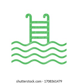 Swimming Pool sign. Green scribble Icon with solid contour on white background. Illustration.