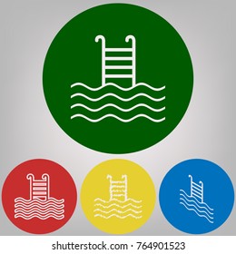 Swimming Pool sign. Vector. 4 white styles of icon at 4 colored circles on light gray background.