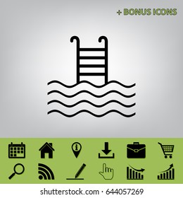 Swimming Pool sign. Vector. Black icon at gray background with bonus icons