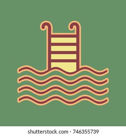 Swimming Pool sign. Vector. Cordovan icon and mellow apricot halo with light khaki filled space at russian green background.