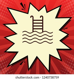 Swimming Pool sign. Vector. Dark red icon in lemon chiffon shutter bubble at red popart background with rays.