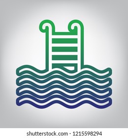 Swimming Pool sign. Vector. Green to blue gradient contour icon at grayish background with light in center.