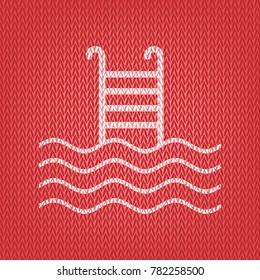 Swimming Pool sign. Vector. Knitted white icon on a red knitted background.