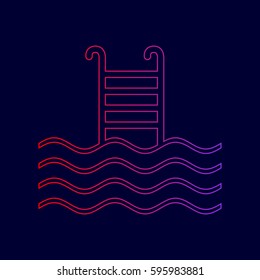 Swimming Pool sign. Vector. Line icon with gradient from red to violet colors on dark blue background.