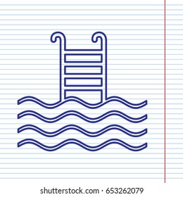 Swimming Pool sign. Vector. Navy line icon on notebook paper as background with red line for field.