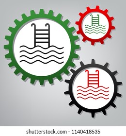 Swimming Pool sign. Vector. Three connected gears with icons at grayish background.