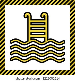 Swimming Pool sign. Vector. Warm yellow icon with black contour in frame named as under construction at white background. Isolated.