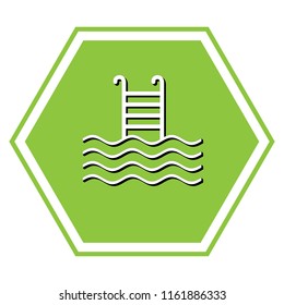 Swimming Pool sign. Vector. White icon with black shadow at yellow green honeycomb on white background.