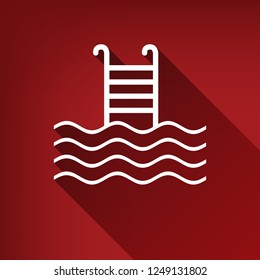 Swimming Pool sign. Vector. White icon with limitless shadow at ruby red background.