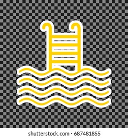 Swimming Pool sign. Vector. Yellow icon with white contour on dark transparent background.