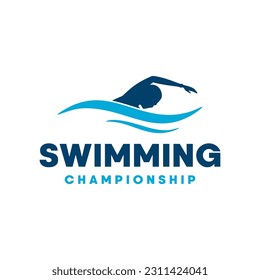 Swimming Pool Silhouette, Swimmer Athlete on Sea Ocean Water Wave Logo design