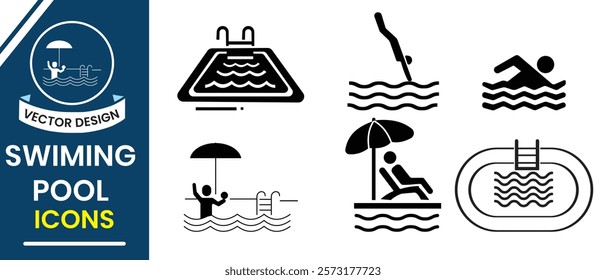 Swimming pool silhouette, vector collection. Swimming pool icon vector set. Ladder in Swimming Pool, swimming, jumping, siting,  Isolated on white background. Vector illustration.