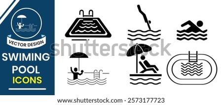 Swimming pool silhouette, vector collection. Swimming pool icon vector set. Ladder in Swimming Pool, swimming, jumping, siting,  Isolated on white background. Vector illustration.
