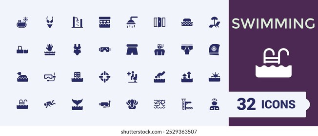 Conjunto de iconos sólidos de piscina. Relacionado con gafas, aletas, gorra y más. Colección de iconos rellenos. Paquete de símbolos planos editables y Pixel perfecto. Ilustración vectorial.