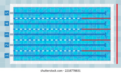 Swimming pool. Sport competition swim deep bath lanes top view, cartoon training public fitness basin water texture, healthy lifestyle concept. Vector illustration. Indoor, outdoor area for exercising