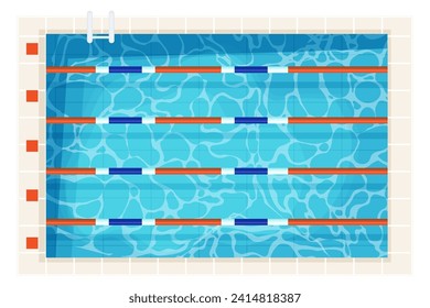 Swimming pool sport professional top view with clean blue water in cartoon style isolated on white background