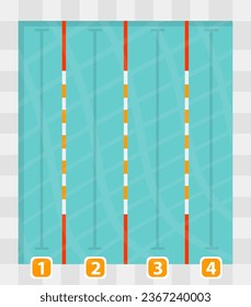 Piscina para eventos y actividades deportivas, contenedor aislado lleno de agua con tablas de caucho, línea individual para nadadores y números para jugadores. Vector en ilustración de estilo plano