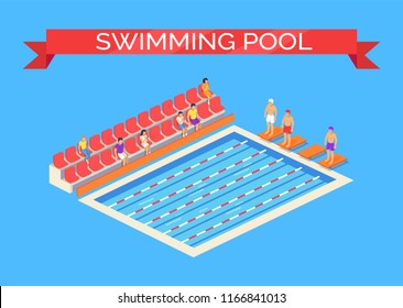 Swimming pool and sportsmen poster with text on ribbon. Swimmers wearing goggles ready for competition. Viewers sitting on seats watching them vector