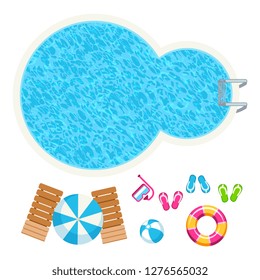 Swimming pool and summer accessorises top view vector elements