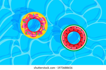 Swimming pool summer background with colorful lifebuoys. Pool party template banner. Float rings. Vector illustration in trendy flat style.	