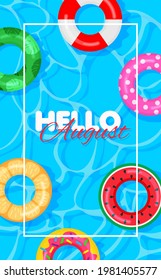 Swimming pool summer background with colorful lifebuoys. Hello august concept. Pool party template banner. Float rings. Vector illustration in trendy flat style.	