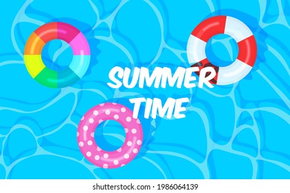 Swimming pool summer background with colorful lifebuoys. Summer time concept. Pool party template banner. Float rings. Vector illustration in trendy flat style.