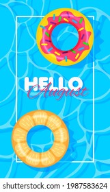 Swimming pool summer background with donut and orange print lifebuoys. Hello august concept. Pool party template banner. Float rings. Vector illustration in trendy flat style.