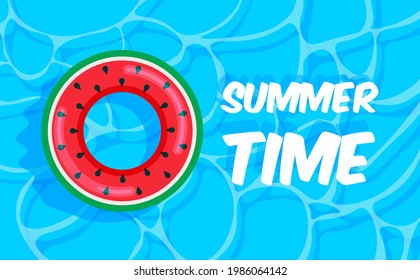 Swimming pool summer background with watermelon lifebuoy. Summer time concept. Pool party template banner. Float rings. Vector illustration in trendy flat style. Top view.