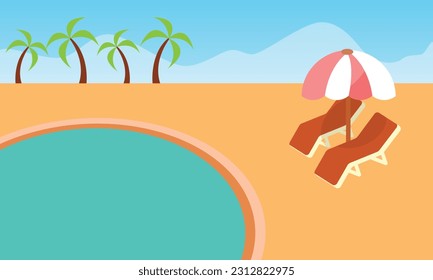 swimming pool summer illustration, Background of swimming pool vector flat design illustration. Horizontal layout