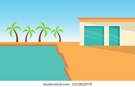 swimming pool summer illustration, Background of swimming pool vector flat design illustration. Horizontal layout