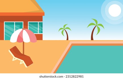 swimming pool summer illustration, Background of swimming pool vector flat design illustration. Horizontal layout