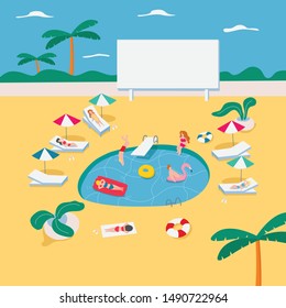 Swimming pool in summer with people, umbrellas, pool ring and more. Flat illustration vector