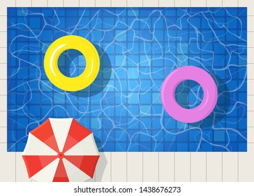 Swimming Pool With Summer Umbrella And Swimming Ring. Texture Of Water Surface Overhead View. Vector Illustration Background.