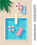 Swimming pool, sun lounger, umbrella and palm tree. Vector illustration. Sketch for creativity.