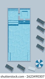 Swimming pool with sun loungers and umbrella. Vector illustration. Sketch for creativity.
